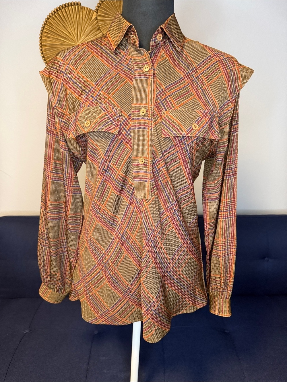 Brioni ROMA Women’s Multicolor Plaid Half Button Front Silk Long Sleeve Blouse